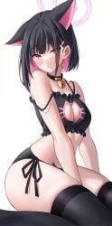 absurdres alternate_costume animal_ears bell between_thighs black_bra black_choker black_hair black_thighhighs blue_archive blush bra breasts cat_cutout cat_ear_panties cat_ears cat_lingerie choker cleavage_cutout clothing_cutout collarbone colored_inner_hair commentary extra_ears female frilled_bra frills hair_behind_ear hair_in_own_mouth hair_ornament hairclip halo hand_on_own_thigh highres jingle_bell kazusa_(blue_archive) large_breasts looking_at_viewer medium_hair meme_attire multicolored_hair neck_bell open_mouth panties pink_eyes pink_hair pink_halo reneua side-tie_panties simple_background single_ear_down solo strap_slip thighhighs two-tone_hair underwear white_background