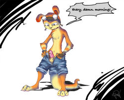 1boy anthro balls daxter dialogue english_text erect_penis erection fingerless_gloves furry goggles jak_3:_wastelander jak_and_daxter jeans male male_only morning_wood naughty_dog nude ottsel penis solo sony unzipped