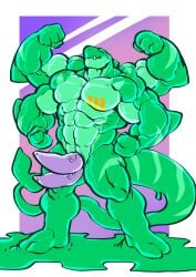 anthro big_penis cock dick diphallia diphallism engis_(trencalos) flexing furry goo_creature green_body male male_only markings muscles muscular muscular_male orca_tail penis shark slime solo solo_focus solo_male stripes tail trencalos vein veiny_penis