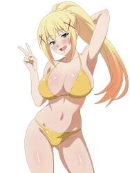 1girls big_breasts bikini bikini_bottom bikini_top blonde_hair blue_eyes blush bottomwear breasts cleavage darkness_(konosuba) female female_only frixtied golden_bikini hair hips huge_breasts kono_subarashii_sekai_ni_shukufuku_wo! ponytail solo solo_female swimwear thighs topwear_removed