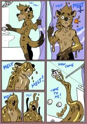 anthro avian balls beak belly big_balls big_penis bird blue_body book brown_body claws cock cock_transformation comic cum dialogue dick ear_piercing earrings furry gay glasses goo_creature goo_transformation growth head_tuft homosexual horse_penis hyena hypnosis male male/male male_only melting merging muscles muscular muscular_male penis penis_growth semen shower slime spots tail testicles transformation trencalos vein veiny_penis
