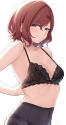 1girls :o black_bra black_pantyhose bra breasts brown_hair cleavage collarbone commentary cowboy_shot dressing duplicate female hair_ornament hairclip high-waist_pantyhose highres higuchi_madoka idolmaster idolmaster_shiny_colors kijibato_123-gou looking_at_viewer medium_breasts panties panties_under_pantyhose pantyhose parted_lips pixel-perfect_duplicate purple_eyes sidelocks simple_background solo stomach sweat swept_bangs tying_bra underwear white_background