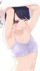 1girls armpits arms_up black_hair blush bow bow_bra bra breasts clothes_lift commentary_request flat_chest floral_print fukumaru_koito highres idolmaster idolmaster_shiny_colors kijibato_123-gou lifting_own_clothes long_hair navel oerba_yun_fang one_eye_closed open_mouth print_bra purple_bra purple_eyes shirt shirt_lift simple_background skin_fang small_breasts solo sweat twintails underwear undressing upper_body white_background white_shirt
