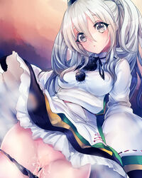 1girls breasts dutch_angle female grey_eyes hat head_tilt high_resolution hoyashi_rebirth japanese_clothes kariginu long_hair mononobe_no_futo no_nose panties panty_pull pom_pom_(clothes) ponytail puckered_lips pussy pussy_juice silver_hair skirt skirt_lift solo sweatdrop tate_eboshi tied_hair touhou uncensored underwear wide_sleeves