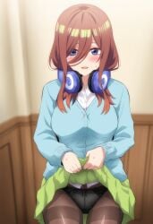 1girls ai_generated apple_green_clothing baby_blue_clothing black_panties blue_clothing blue_eyes blue_sweater blurry_background blush blushing breasts brown_hair female female_focus flustered go-toubun_no_hanayome green_skirt hallway headphones headphones_around_neck huge_breasts lifted_by_self lifting_skirt long_hair long_sleeves nakano_miku pantyhose red_hair shiny_hair showing_panties shy skirt skirt_lift sweater