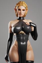 ai_generated black_eyeliner black_fingernails blonde_hair breath_of_the_wild dominant dominant_female domination elf eye_contact female female_elf green_eyes hourglass_figure hyrule_warriors latex latex_clothing latex_dress latex_gloves latex_suit latex_thighhighs looking_at_viewer natural_breasts neutral_expression nintendo princess_zelda serious_look the_legend_of_zelda the_legend_of_zelda:_breath_of_the_wild triforce triforce_symbol zelda_(breath_of_the_wild)