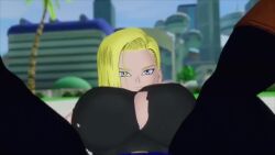1girls 3d android_18 arms_behind_head arms_up big_breasts blonde_hair bouncing_breasts clapping_cheeks close-up dragon_ball dragon_ball_z female from_behind from_below front_view looking_at_viewer looking_down low-angle_view music sloppydragons small_waist solo sound tagme thick_thighs twerking video vrchat wide_hips