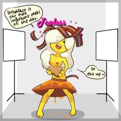 1girls adventure_time bacon barely_covered_crotch blightstar breakfast_princess breasts dialogue english_text eyes_visible_through_hair female flashing_breasts food_clothing food_humanoid hair_over_one_eye open_mouth pancake photo_shoot photo_studio pulling_down_top skirt_down solo speech_bubble standing studio syrup tagme toast top_down topless topless_tuesday white_hair yellow_body