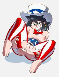 anus bare_shoulders barefoot black_eyes black_hair black_pubic_hair bow bowtie breasts commentary detached_collar english_commentary female female_pubic_hair full_body hat highres looking_at_viewer lucia_(scott_malin) nipples original pubic_hair pussy qtip_xd red_bow red_bowtie smile solo star_(symbol) white_background white_hat
