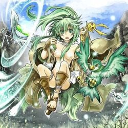 bird breasts gloves green_eyes green_hair gusto_(archetype) long_hair nipples nude photoshop ponytail pussy tied_hair wynn wynn_the_wind_charmer wynnda_miko_of_the_gusta yu-gi-oh!