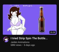 blush bottle bra brown_hair busty cleavage collarbone fake_screenshot female huge_breasts jaiden jaiden_animations navel nervous nervous_smile nervous_sweat panties panty_pull purple_bra purple_panties smile stomach strip stripping sweat sweating text thumbnail underwear white_skin