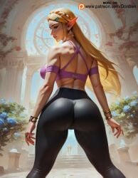 1girls ai-generated ai_generated ass ass_focus big_ass black_leggings black_panties blonde_hair blue_eyes donben elf elf_ears elf_female female female_focus female_only leggings patreon princess_zelda steam viewed_from_below workout_clothes