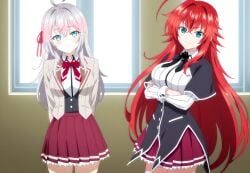 2girls ahoge ai_generated alisa_mikhailovna_kujou big_ass_(female) big_breasts blue_eyes blush crimson_hair_female crossed_bangs crossover crossover_ship crossover_shipping curvy_females demon_girl females_only hair_ribbon high_school_dxd hourglass_figured_female huge_ahoge interspecies lesbians light-skinned_female long_hair_female loose_hair lovehuwu milky_white_skin red_ribbon rias_gremory russian_girl schoolgirl_uniform schoolgirls silver_hair_female sky_blue_eyes smile thick_thighs tokidoki_bosotto_russian_de_dereru_tonari_no_alya-san very_long_hair_female voluptuous_female wide_hipped_female yuri
