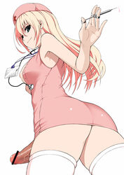 1futa armpits arms_up ass bare_shoulders blonde_hair breasts censor_bar censored dark_penis from_below futa_only futanari green_eyes hat highres holding intersex kamata_yuuya long_hair looking_at_viewer name_tag no_bra nurse nurse_cap original penis pointless_censoring simple_background smile solo stethoscope syringe thighhighs white_background white_legwear