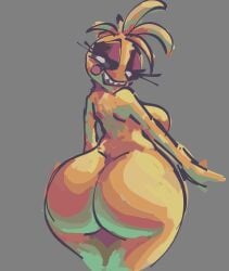 absurd_res animatronic anthro ass avian big_breasts big_butt bird black_sclera breasts chicken female female/female five_nights_at_freddy's five_nights_at_freddy's_2 galliform gallus_(genus) hi_res machine nude nude_anthro nude_female phasianid rear_view rik_grape robot scottgames solo thick_thighs toy_chica_(fnaf) wide_hips yellow_body
