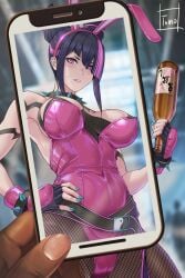 animal_ears artist_name bare_shoulders black_hair blurry blurry_background book bracelet breasts cellphone cleavage commentary_request cowboy_shot fake_animal_ears female fishnet_pantyhose fishnets hair_horns hand_on_own_hip highres holding holding_book holding_phone jewelry juri_han large_breasts leotard pantyhose phone playboy_bunny pov purple_eyes purple_hair purple_leotard rabbit_ears smartphone solo_focus spiked_bracelet spikes strapless strapless_leotard street_fighter tomo_eokaiteru