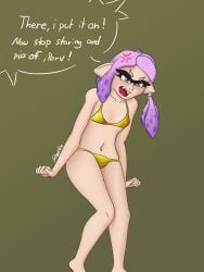 bikini blush blush gold_bikini green_eyes inkling inkling_girl nintendo nipple_bulge pale_skin petite pink_hair slogstin small_breasts splatoon sveta_belinskoff tentacle text