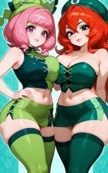2girls ai ai_assisted ai_generated betilla_(rayman) big_ass black_eyes crossover female female_only game_freak gym_leader heels huge_ass huge_breasts klara_(pokemon) nintendo nymph_(rayman) pink_hair pixai pokemon pokemon_ss purple_eyes rayman_(series) rayman_origins red_hair thick_ass thick_thighs ubisoft