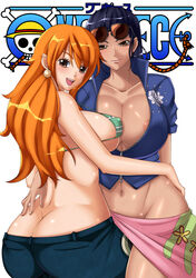 2girls :d areola_slip areolae ass ass_cleavage big_ass bikini bikini_top black_hair breasts brown_eyes butt_crack cleavage curvy dimples_of_venus female female_only glasses_on_head highres huge_ass human jeans large_breasts long_hair looking_at_viewer midriff mound_of_venus multiple_females nami navel nico_robin no_bra no_panties one_piece open_mouth orange_eyes orange_hair post-timeskip r-wade sarong shounen_jump smile standing striped_bikini sunglasses sunglasses_on_head title_drop yuri