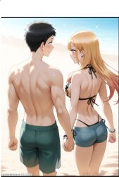 1boy 1girls ai_generated beach bikini black_bikini canon_couple chanquazz couple female gojou_wakana gyaru hand_on_hand hi_res highres jeans kitagawa_marin looking_at_another male micro_bikini sono_bisque_doll_wa_koi_wo_suru