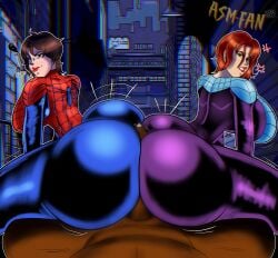 1boy 2girls alley alleyway alternate_version_available anna-may_parker asmfan94 ass ass_focus big_ass big_breasts blue_eyes brown_hair buttjob clothed_sex clothing costume covered_buttjob dark-skinned_male dark_skin freckles freckles_on_face ginger ginger_hair green_eyes marvel marvel_comics mayday_parker mc2 skintight spider-girl spider-man_(series) spiderling superheroine tagme twitter_username unmasked