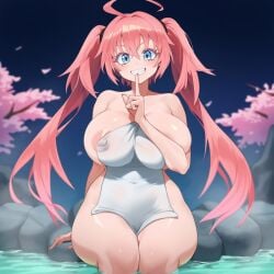 ahoge ai_generated areola_slip areolae bangs bathing blue_eyes blush breasts cherry_blossoms clavicle cleavage completely_nude covered_navel covered_nipples covering covering_privates curvy female female female_only finger_to_mouth grin hair_between_eyes huge_ass huge_breasts index_finger_raised large_ass large_breasts long_hair looking_at_viewer milim_nava naked_towel navel night nipples nude nude_cover onsen outdoors partially_submerged pink_hair sharp_teeth shushing sitting sky smile soaking_feet solo teeth tensei_shitara_slime_datta_ken thick_ass thick_thighs thighs towel twintails very_long_hair wading water wet