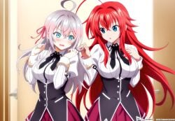 2girls ahoge ai_generated alisa_mikhailovna_kujou big_ass_(female) big_breasts blue_hair blushing_female crimson_hair_female crossed_bangs crossover crossover_ship crossover_shipping curvy_females demon_girl females_only grabbing_another's_hair hair_ribbon high_school_dxd hourglass_figured_female huge_ahoge interspecies lesbians light-skinned_female long_hair_female looking_at_another loose_hair lovehuwu milky_white_skin open_mouth red_ribbon rias_gremory russian_girl schoolgirl_uniform schoolgirls silver_hair_female sky_blue_eyes tokidoki_bosotto_russian_de_dereru_tonari_no_alya-san very_long_hair_female voluptuous_female wide_hipped_female yuri