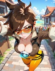 1female 1girls ai_generated big_breasts big_breasts breasts breasts brown_hair cleavage female female_focus female_only from_above goggles huge_boobs huge_breasts kaistar large_boobs large_breasts light-skinned light-skinned_female light_skin looking_at_viewer overwatch patreon reaching_towards_viewer short_hair solo solo_female solo_focus standing tracer white_skin white_skinned white_skinned_female yellow_eyes