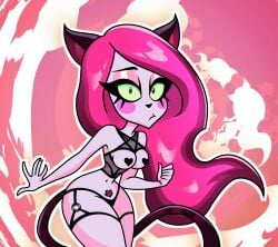 1girls breasts covered_nipples curvy ear eyeshadow feline female harness hips long_hair panties pinky_(teen-z) random_kitty_boy randomix solo solo_female tail teen-z