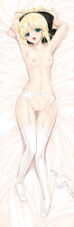 1girls ahoge armpits arms_up artoria_pendragon artoria_pendragon_(lily) bare_shoulders bed_sheet blonde_hair blue_eyes blush breasts cleavage dakimakura dress fate/grand_order fate/unlimited_codes fate_(series) female hairbow high_resolution lying nakano_sora naked_stockings naked_thighhighs navel nipples nude on_back open_mouth outstretched_arms pussy short_hair smile solo stockings thighhighs uncensored underwear white_gloves white_legwear white_panties