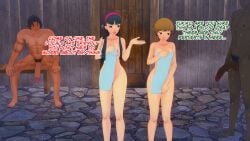 2boys 2girls 3d amagi_yukiko dark-skinned_male girl koikatsu onsen oshino3d persona persona_4 satonaka_chie tagme text towel