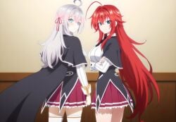2girls ahoge ai_generated alisa_mikhailovna_kujou big_ass_(female) big_breasts blue_eyes blush crimson_hair_female crossed_bangs crossover crossover_ship crossover_shipping curvy_females demon_girl females_only hair_ribbon high_school_dxd hourglass_figured_female huge_ahoge interspecies lesbians light-skinned_female long_hair_female loose_hair lovehuwu milky_white_skin red_ribbon rias_gremory russian_girl schoolgirl_uniform schoolgirls silver_hair_female sky_blue_eyes smile thick_thighs tokidoki_bosotto_russian_de_dereru_tonari_no_alya-san very_long_hair_female voluptuous_female wide_hipped_female yuri