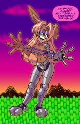 2020s 2023 absurd_res anthro archie_comics bedroom_eyes breasts brown_body brown_fur bunnie_rabbot clothed clothing cybernetic_arm cybernetic_leg cybernetic_limb cybernetics cyborg detailed_background dialogue english_text eyebrows female front_view fur galactabee hi_res lagomorph leporid looking_at_viewer machine mammal narrowed_eyes nipple_piercing nipples nude outside piercing rabbit raised_eyebrow robotic_arm robotic_legs seductive sega solo sonic_(series) sonic_the_hedgehog_(archie) sonic_the_hedgehog_(comics) sonic_the_hedgehog_(series) southern_accent speech_bubble standing stretched_clothing talking_to_viewer text topless topless_female