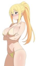 1girls big_breasts bikini bikini_bottom bikini_top blonde_hair blue_eyes blush bottomwear breasts cleavage darkness_(konosuba) female female_only frixtied hair hips huge_breasts kono_subarashii_sekai_ni_shukufuku_wo! ponytail solo solo_female swimwear thighs topwear_removed