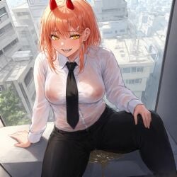 ai_generated big_breasts blonde_hair blush breasts chainsaw_man demon_girl female front_view highrise horns long_hair nipples_visible_through_clothing outdoors outside peeing peeing_on_floor peeing_self pink_hair power_(chainsaw_man) sharp_teeth smile urine wet_pants wetting wetting_self yellow_eyes