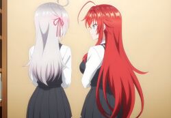 2girls ahoge ai_generated alisa_mikhailovna_kujou big_ass_(female) big_breasts crimson_hair_female crossed_bangs crossover crossover_ship crossover_shipping curvy_females demon_girl females_only hair_ribbon high_school_dxd hourglass_figured_female huge_ahoge interspecies lesbians light-skinned_female long_hair_female loose_hair lovehuwu milky_white_skin red_ribbon rias_gremory russian_girl schoolgirl_uniform schoolgirls silver_hair_female sky_blue_eyes tokidoki_bosotto_russian_de_dereru_tonari_no_alya-san very_long_hair_female voluptuous_female yuri