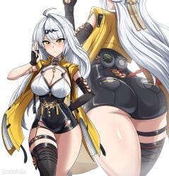 ahoge ass asymmetrical_gloves blush breasts canadiananiguy female fingerless_gloves from_behind gloves hair_ornament huge_ass large_breasts long_hair looking_at_viewer multiple_views short_shorts shorts single_thighhigh solo thick_thighs thighhighs thighs very_long_hair vest white_hair yellow_eyes yixuan_(zenless_zone_zero) zenless_zone_zero