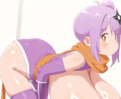 ai_generated bare_thighs big_ass big_butt blush breast_expansion breasts_bigger_than_head doggy_style enormous_breasts fat_ass gigantic_ass gigantic_breasts hikariomo huge_breasts huge_thighs kunoichi kusagakure_satoko light-skinned_female light_skin looking_at_viewer massive_ass massive_breasts ninja_to_koroshiya_no_futarigurashi oiled_body oiled_skin orange_eyes purple_hair side_ponytail solo_female squatting sweat sweatdrop thick_body thick_female thick_thighs thighs voluptuous voluptuous_female