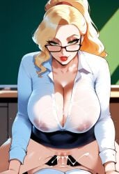 age_difference ai_generated blonde_hair blouse curvy digbyai dress_shirt glasses large_ass large_breasts mature mature_female milf mrs._langley_(digbyai) older_female ponytail tagme teacher teacher_and_student teacher_fucking_student wide_hips younger_male