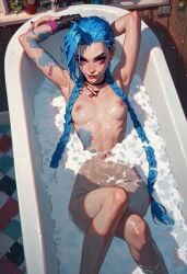 1girls ai_generated arcane bathtub blue_hair female female_focus female_only jinora12345 jinx_(league_of_legends) league_of_legends nude nude_female riot_games soap_bubbles