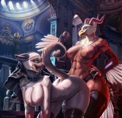 2d 2girls accipitrid accipitriform all_fours anthro areola armwear avian bald_eagle bird birman_cat bodily_fluids bondage breasts catholicism christian_symbol christianity church clothing collar cross cross_necklace dado463art detailed_background digital_media doggy_style domestic_cat dripping duo eagle feathers felid feline felis female female/female female_only female_penetrated female_penetrating female_penetrating_female from_behind_position fur furniture furry genital_fluids headgear headwear hi_res holding_leash holding_object horn inside jewelry latex latex_armwear latex_clothing latex_skinsuit leaking leash leash_pull leashed_collar legwear lesbian_sex mammal mia_(eag1e) mostly_nude multiple_girls muscular muscular_anthro muscular_female necklace nipple_piercing nipples noemi_(eag1e) nun nun_habit open_mouth penetration piercing pussy_juice_drip pussy_juice_leaking pussy_juice_string religion religious_clothing sea_eagle sex sex_toy skinsuit smile st._peter's_basilica standing standing_sex stockings strap-on strap-on_sex strapon strapon_sex tail tail_feathers tight_clothing toying_partner vaginal_fluids vaginal_penetration