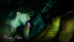 3d 3d_(artwork) 3d_model blonde_hair blonde_hair_male bloober_team cornydoc cum cum_drip gay gay_blowjob james_sunderland konami looking_down_at_partner looking_up_at_partner monster_cock monster_on_male muscular muscular_male oral pyramid_head silent_hill silent_hill_2 silent_hill_2_remake yaoi