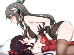 2girls bed black_dress breast_sucking breasts brown_dress brown_gloves brown_hair brown_thighhighs china_dress chinese_clothes commentary_request detached_sleeves dress gloves grabbing_another's_breast groping hair_ornament heart highres honkai:_star_rail honkai_(series) honkai_impact_3rd large_breasts licking long_hair lying milliani multiple_girls on_back pillow pink_eyes red_dress red_eyes red_sleeves saliva simple_background sparkle_(honkai:_star_rail) spoken_heart thighhighs very_long_hair vita_(honkai_impact) white_background yuri