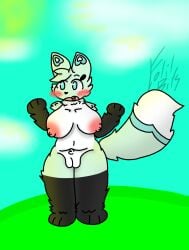 absurd_res anthro blue_body blue_fur blush canid canine chikn_nuggit embarrassed female folil fox fur genitals hi_res mammal nipple_slip nude public public_nudity pussy slushi_(chikn_nuggit) solo sunny tail