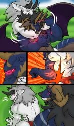anthro beard blue_body butt_focus canine claws comic demon furry gay headlock homosexual hooves horn male male/male male_only mane markings muscles muscular muscular_male sat_on snake_tail stripes trencalos tusks underwear vein white_body wings wolf wrestling