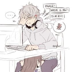 1boy1girl 1boys 1girl blowjob clothed fellatio female flustered gaming love_and_deep_space male oral oral_sex silver_hair text_box under_the_table xavier_(love_and_deep_space)