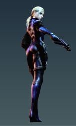 1girls artist_request bodysuit from_behind greyscale gun jill_valentine legs_together looking_back resident_evil solo standing weapon