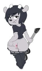anormaluser anthro anus ass belt black_clothing black_eyes black_hair black_nose black_topwear bottomwear bottomwear_down bovid caprine clothed clothing denim denim_bottomwear denim_clothing ears_down eyelashes female footwear front_view fur genitals grey_body grey_bottomwear grey_clothing grey_footwear grey_fur grey_jeans grey_pants grey_shoes guitar hair hi_res holding_guitar holding_musical_instrument holding_object horn jeans jeans_down looking_at_viewer looking_back looking_back_at_viewer mammal musical_instrument pants pants_down parappa_the_rapper partially_clothed pink_anus pivoted_ears plucked_string_instrument pussy rammy_lamb rear_view sheep shoes short_hair simple_background smile solo sony_corporation sony_interactive_entertainment spread_butt spreading string_instrument topwear um_jammer_lammy white_background white_horn
