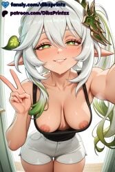 1girls aged_up ai ai_assisted ai_generated alternate_breast_size alternate_costume anime artist_name bare_shoulders blush braid breasts collarbone cowboy_shot dibzprintz fansly female genshin_impact gradient_hair green_eyes green_hair grin hair_between_eyes hair_ornament hand_up heart hi_res high_quality high_resolution highres hoyoverse leaf_hair_ornament leaning_forward long_hair looking_at_viewer medium_breasts mihoyo multicolored_hair nahida_(genshin_impact) nipples parted_lips pointy_ears selfie short_shorts shorts side_ponytail smile solo symbol-shaped_pupils tank_top thigh_gap thighs two-tone_hair v watermark white_hair white_shorts