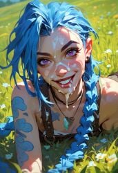1girls ai_generated arcane blue_hair cum cum_on_face female female_focus female_only jinora12345 jinx_(league_of_legends) league_of_legends looking_at_viewer riot_games smiling